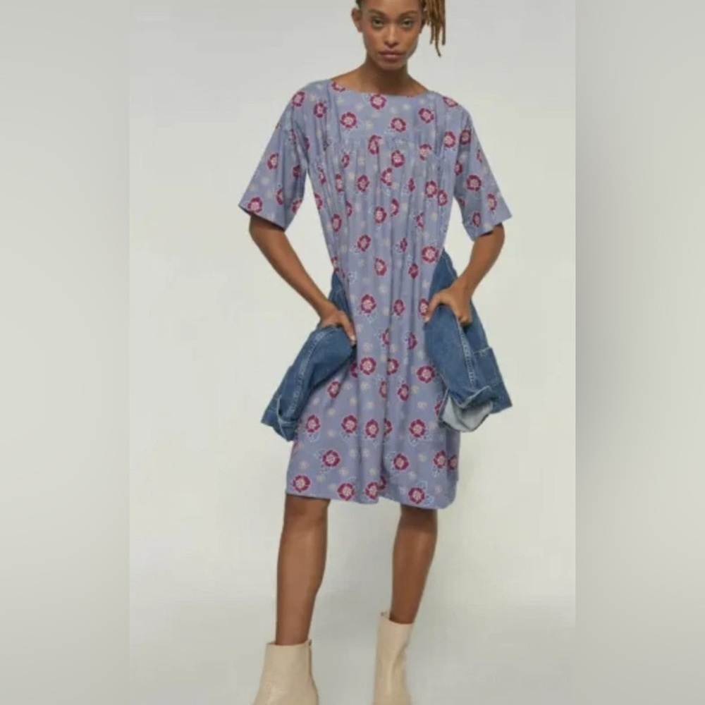 NWT Anthropologie Carleen Floral Tunic Dress Medium HTF Blue White Pockets